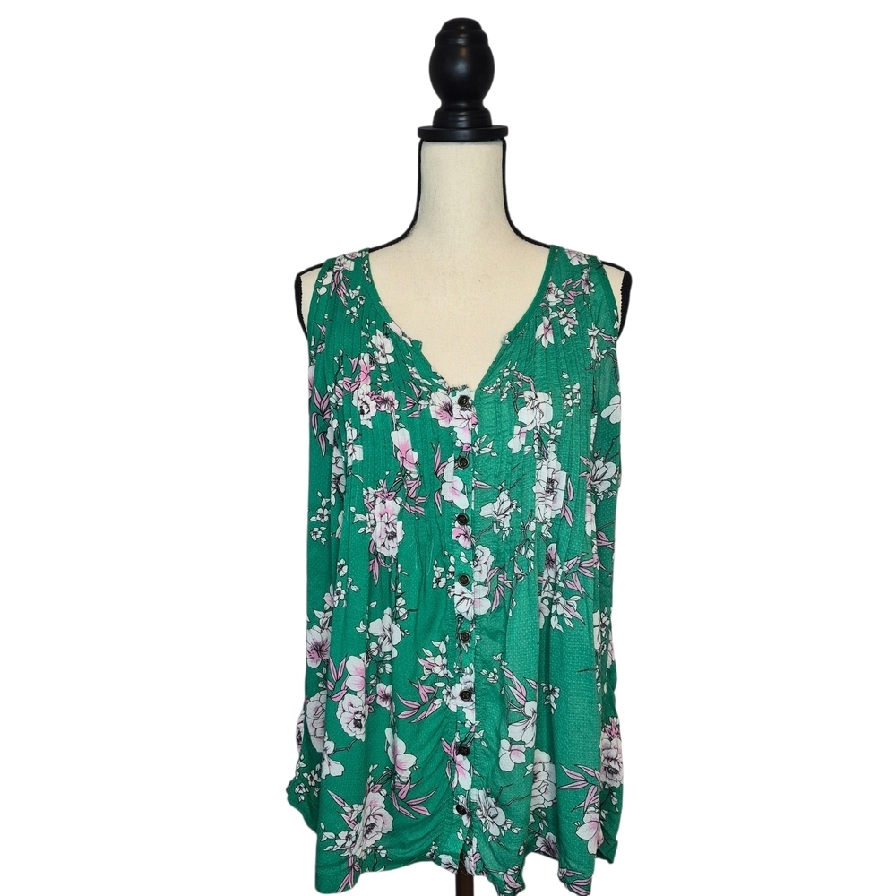 Torrid Top Green White Pink Floral Sleeveless Button Front Vneck Size  Torrid L